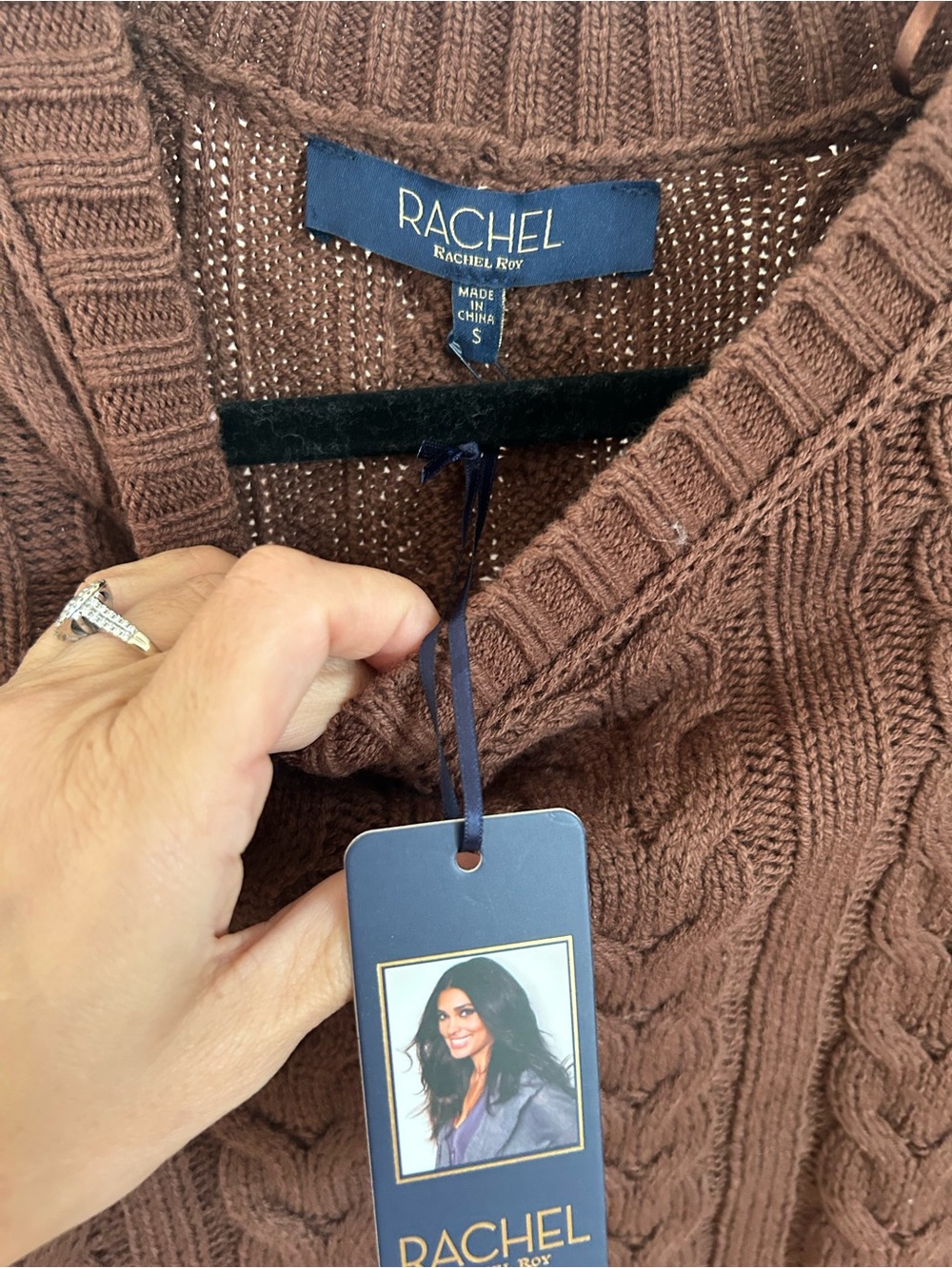 Rachel Cable-Knit Sweater top - Brown dolman wide drop length elbow 1/2 sleeve - Picture 3 of 7